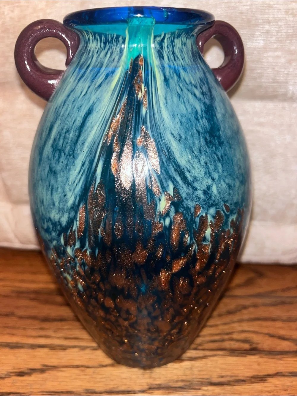 Dale Tiffany Blue and Copper Glass Vase with Loop Handles